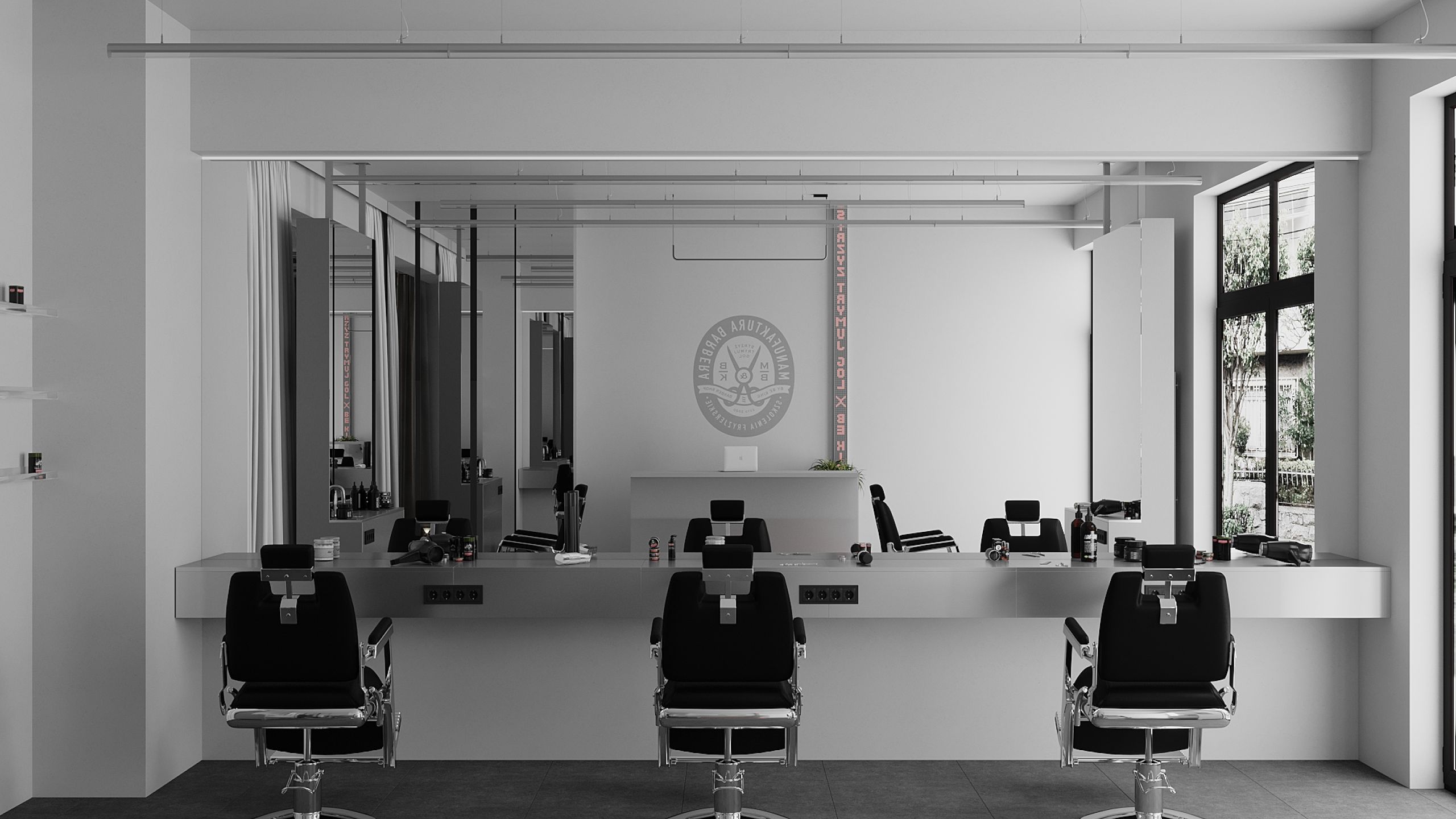 Barber shop interior of Manufaktura Barbera in Krakow, featuring stylish chairs and mirrors designed by TenZeroTwo Bureau