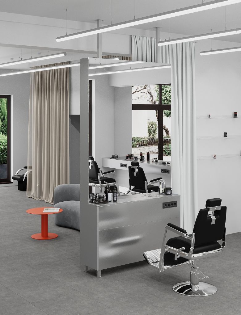 A stylish salon interior featuring chairs and a mirror, designed by 10:02 Bureau for Manufaktura Barbera in Krakow