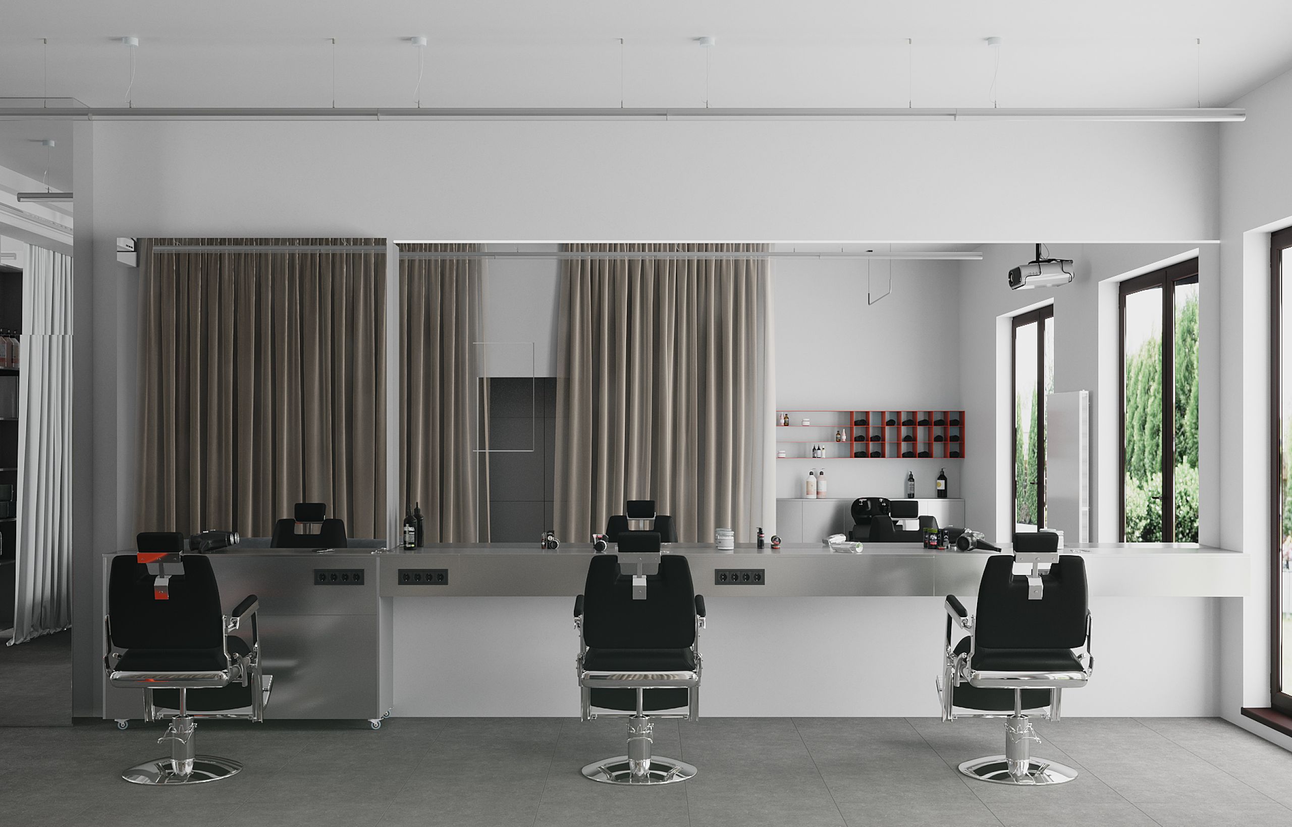 A modern barbershop interior featuring stylish chairs and a sleek counter, designed by 10:02 Bureau in Manufaktura Barbera, Krakow